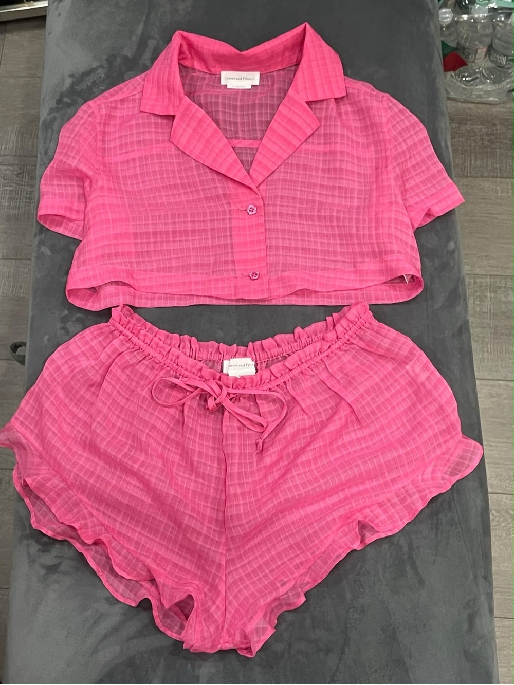 Lovers + Friends Hot Pink Drawstring Ruffle Hem Pjs